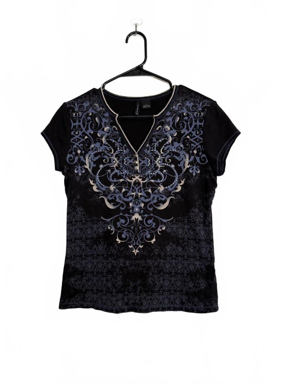 Y2K Black Embellished Graphic T-Shirt Size L